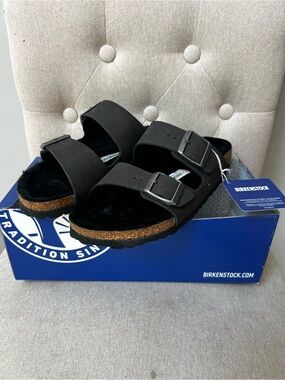 New Birkenstock Black Arizona Shearling Slide Sandals Leather 38